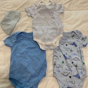 6-9 Month Baby Boy onesies. 6M Baby Boy hat.